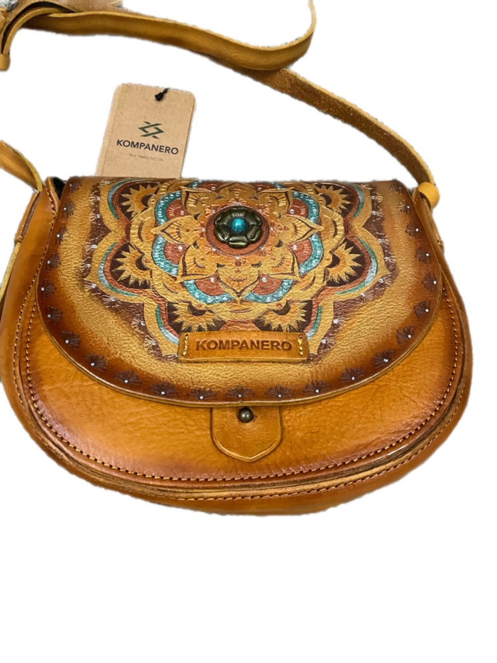 Tan Leather Crossbody with Colorful Mandala Detail